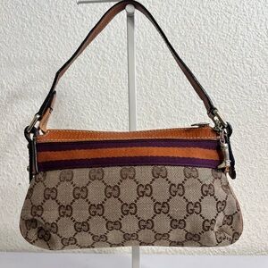 Gucci Brown GG Canvas Shoulder Bag with Orange and Purple Stripe